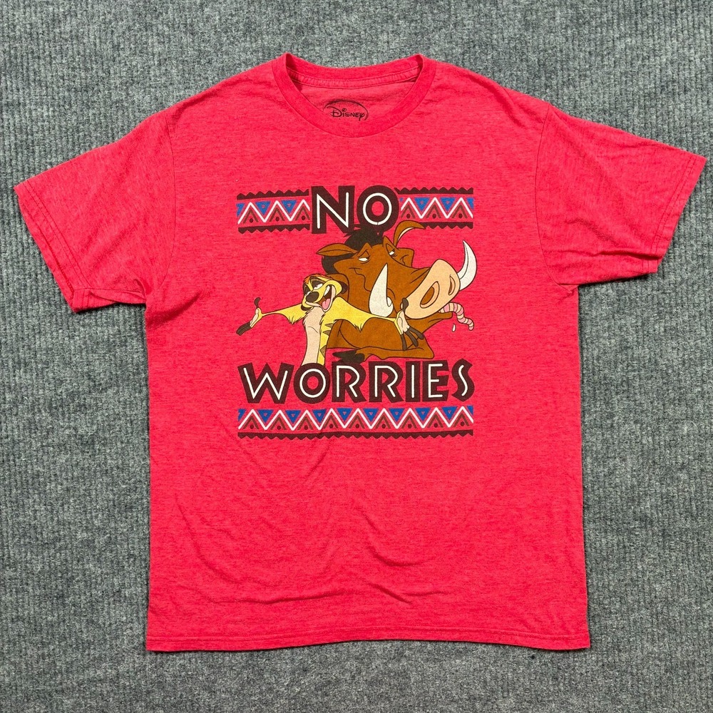 Disney Mens T-Shirt Size Large Red Lion King Timon‎ Pumbaa No Worries Graphic